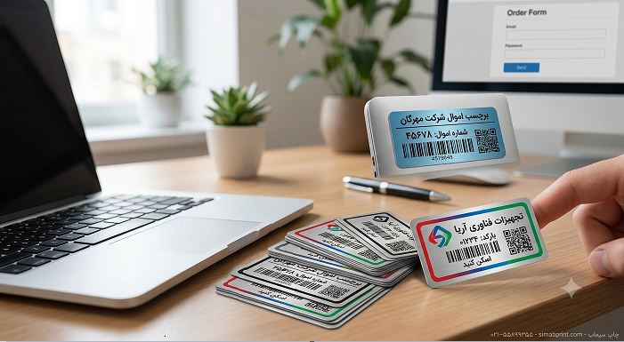 فرم آنلاین سفارش آنلاین برچسب اموال متالایز، رنگی و مشکی با لوگوی شرکت‌ها در سایت چاپ سیماب.